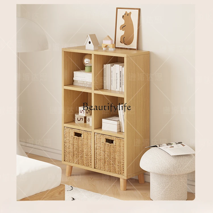 

Solid Wood Legs Grid Cabinet Bookshelf and Storage Shelf Floor Home Bookcase Reading Rack Simple Living Room