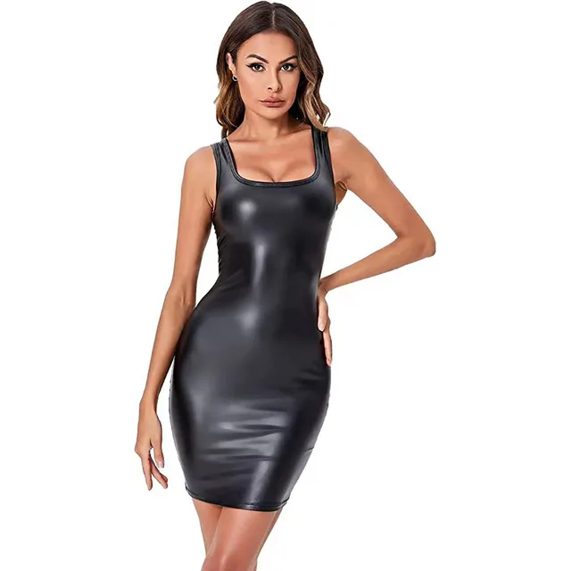 Plus size women sexy soft leather slip dress erotic sleeveless bodycon tank halter mini dress shiny