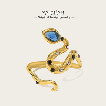 YACHAN Trendy Stainless Steel Snake Rings for Women Chic Exquisite Zircon Crystal Luxury Tarnish Free 18K Gold Plated Jewelry 1