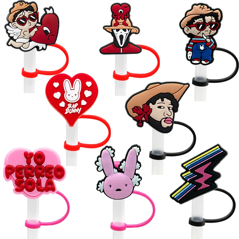PVC 나쁜 토끼 밀짚 토퍼, 크리에이티브 밀짚 커버, 음료 컵, 방진 장식, 재사용 가능, 유출 방지, 8 개