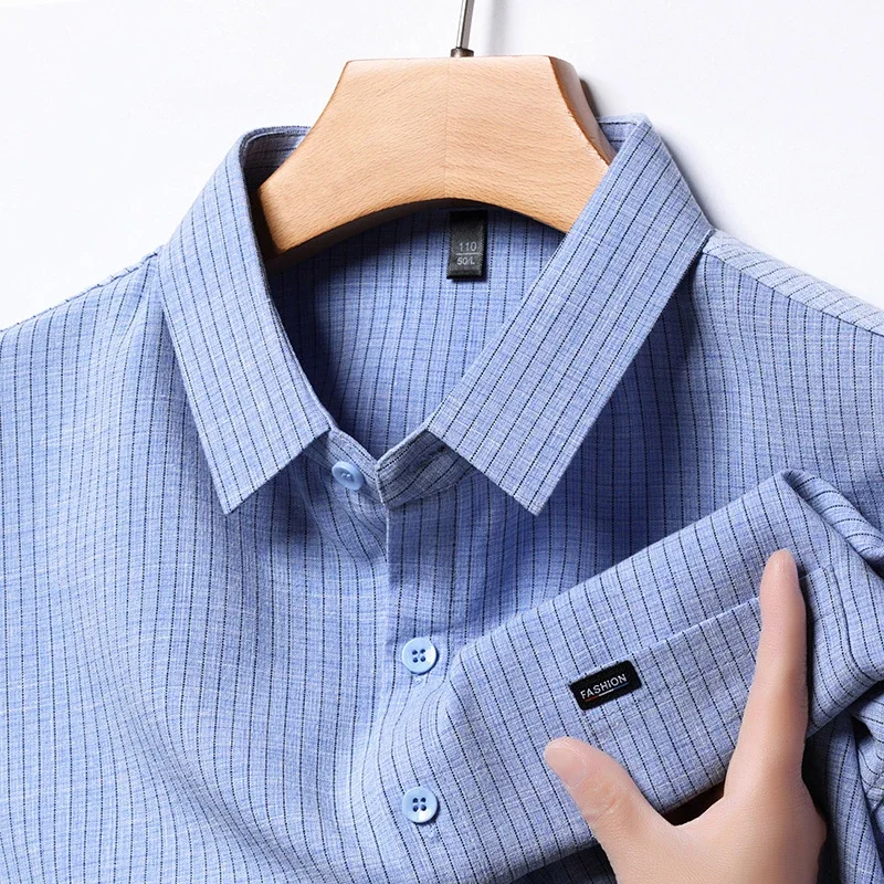 2024 Men's Business Casual Plaid Cotton Linen Short Sleeved Shirt Comfortable Cotton Top 5