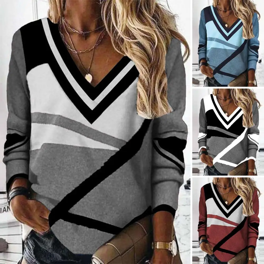 

Comfortable Women Long Sleeve Top Elegant Geometric Contrast Women's V-neck Tee Loose Fit Long Sleeve Spring Autumn Top Super