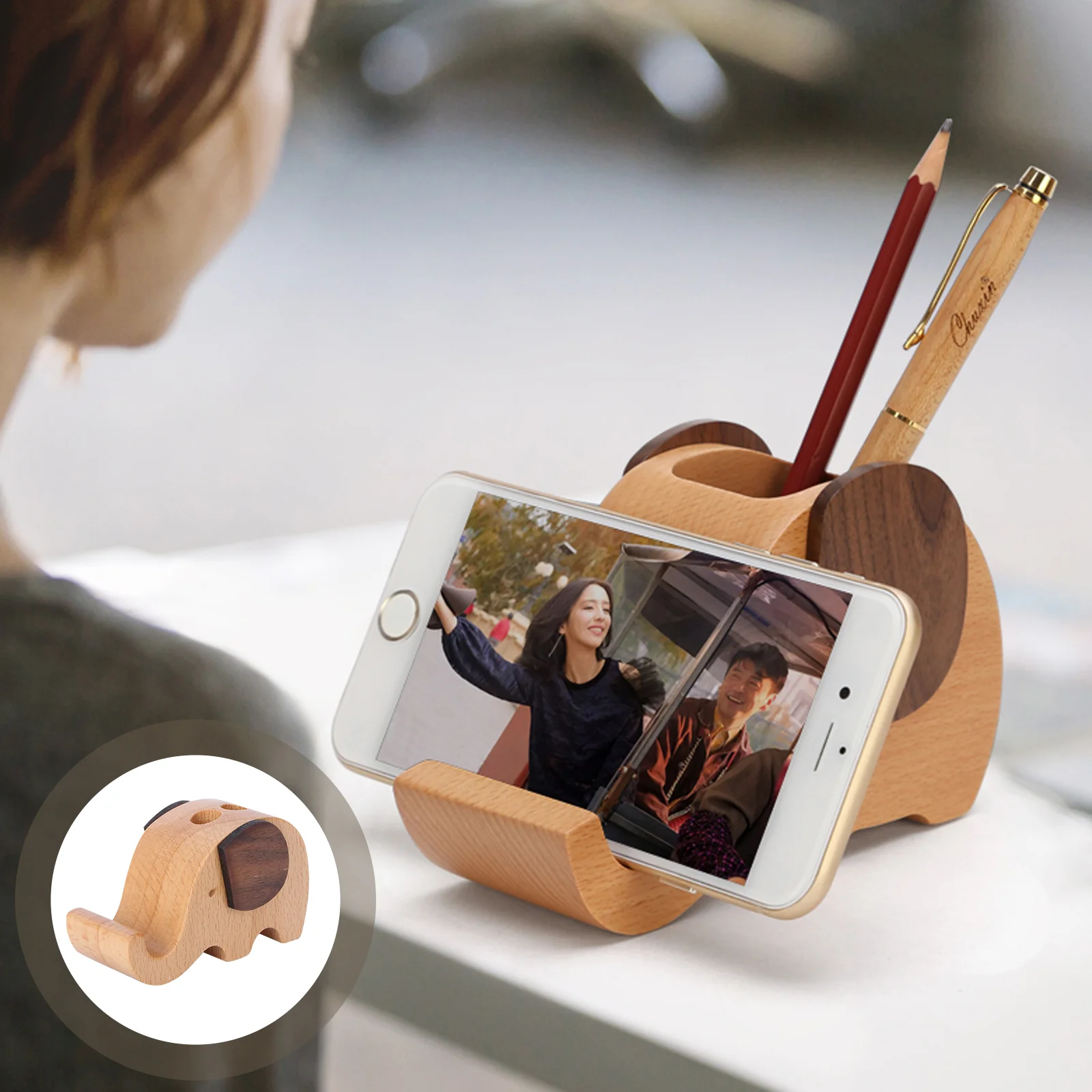 

Multifunction Cell Phone Stand The Office Desk Decor Wooden Elephant Pen Organizer