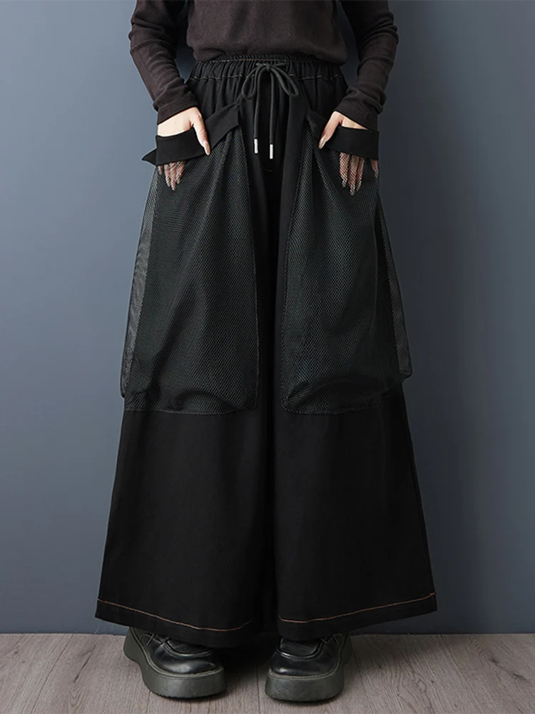 Denim Vintage Mesh Spliced Pocket High Waist Wide Leg Pants Women New Casual Loose Ladies Trousers Fashion Spring Autumn 2025