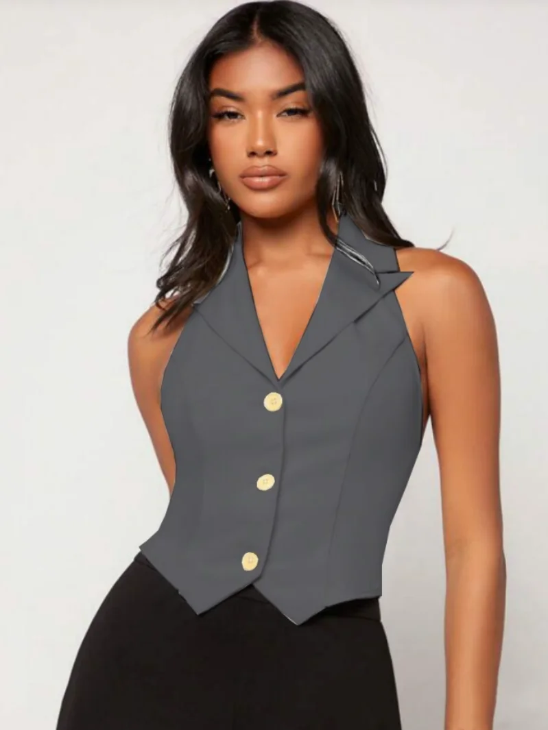 Women's Vest Halter Neck Backless Slim Cropped Top Fashion Casual Lapel Coat New Arrival Waistcoat Women