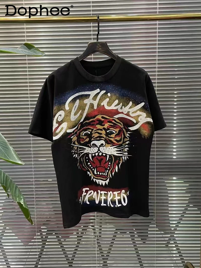 

Men's 2024 Summer Trendy Tiger Head Wings Colorful Rhinestone Short Sleeve Male Female Over Size Loose Half Sleeve T-shirts