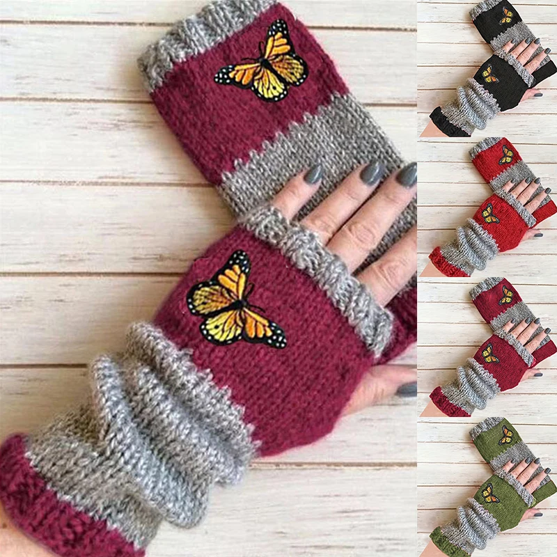 

2023 New Winter Knitted Gloves Embroidery Butterfly Pattern Women Half-finger Gloves Thicken Outdoor Skiing Gloves Touchscreen