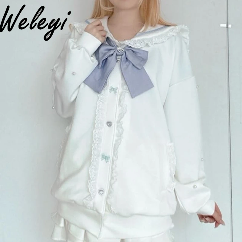 Sweet Japanese Woman Loose Bow Sweatshirt 2024 Spring New Soft Girl Cute Navy Neck Bow Long Sleeve Mid-Length Hoodies Female