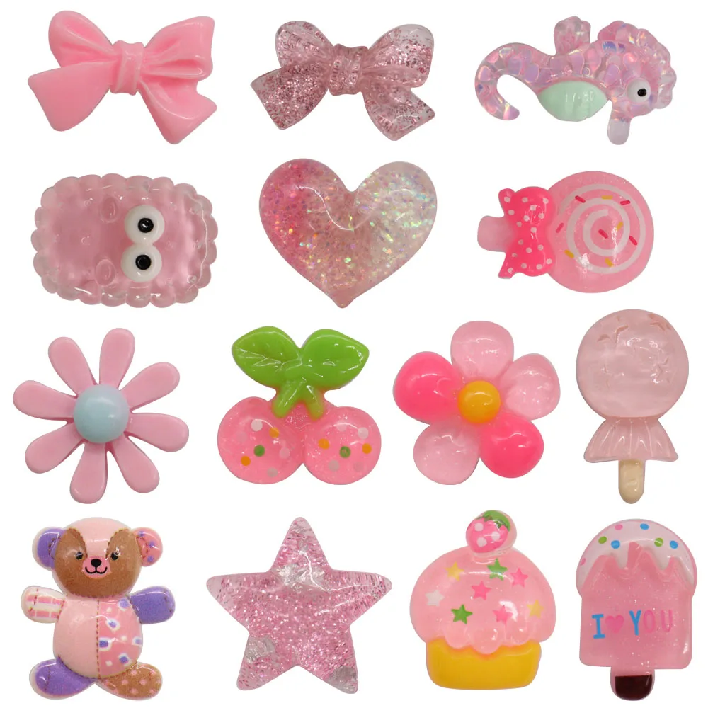 

50pcs Wholesale Resin Pink Flowers Bowknot Heart Bear Shoe Accessories Children Shoes Buckle Fit Backpack Croc Jibz Charm
