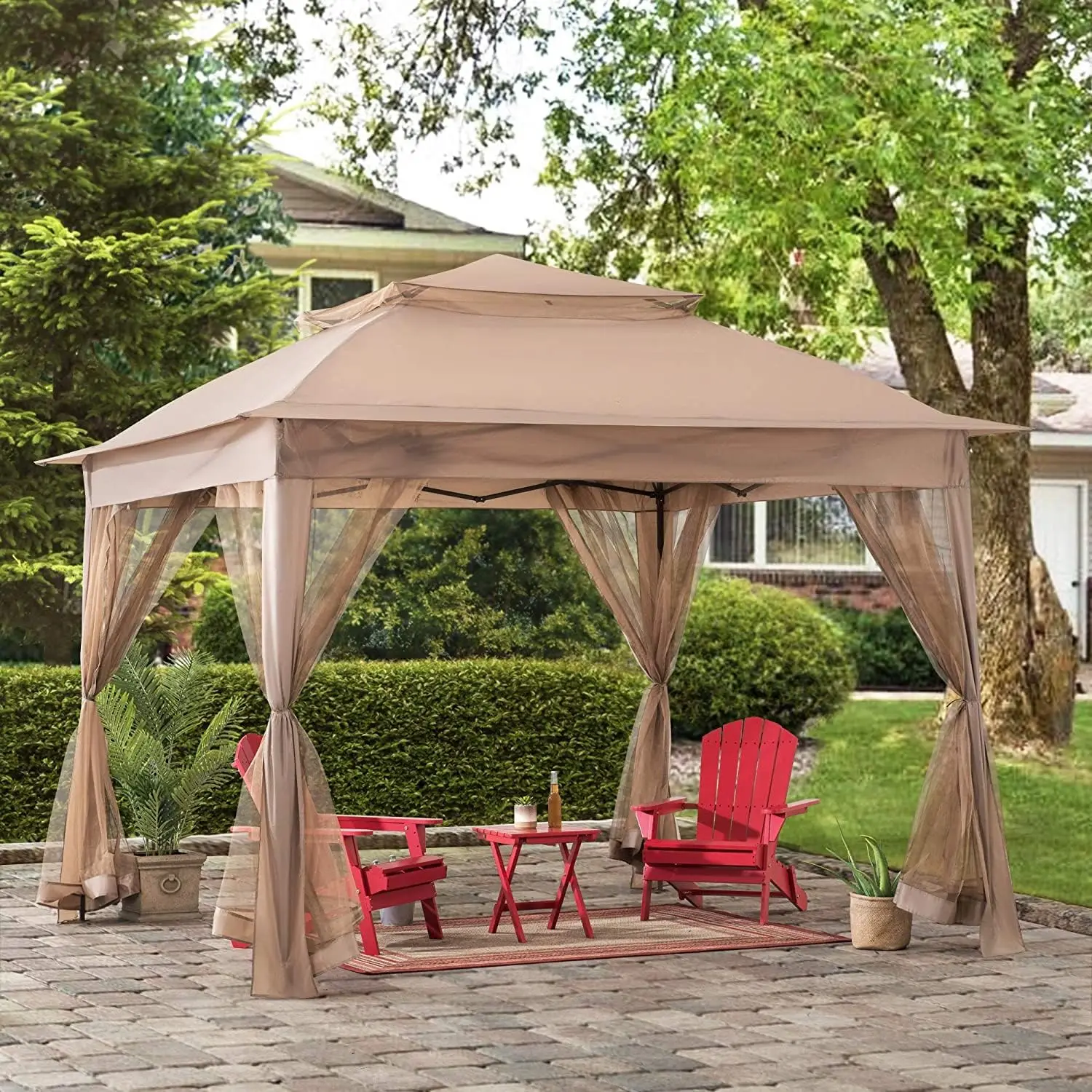 

11x11 ft.Pop-Up Instant Gazebo,Outdoor Portable Steel Frame 2-Tier Top Canopy/Tent with Netting and Carry Bag,Khaki