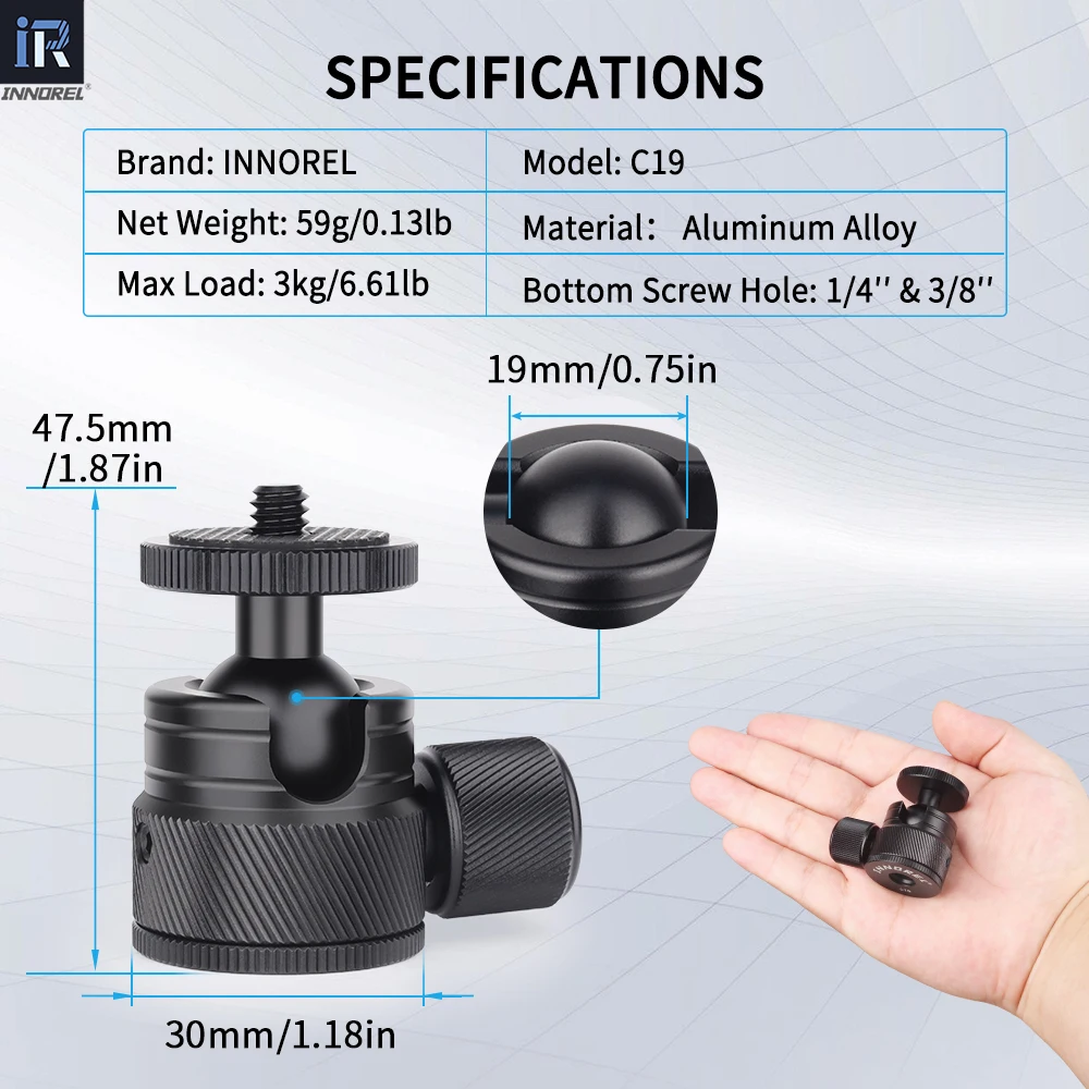 INNOREL C19 Mini Tripod CNC Metal Low Profile Ball Head 360&deg; Pan 90&deg; Tilt Tripods Mount Maxload 3kg for Mobile Phone Smartphone tripod ball head,cold shoe ball head,camera panoramic head