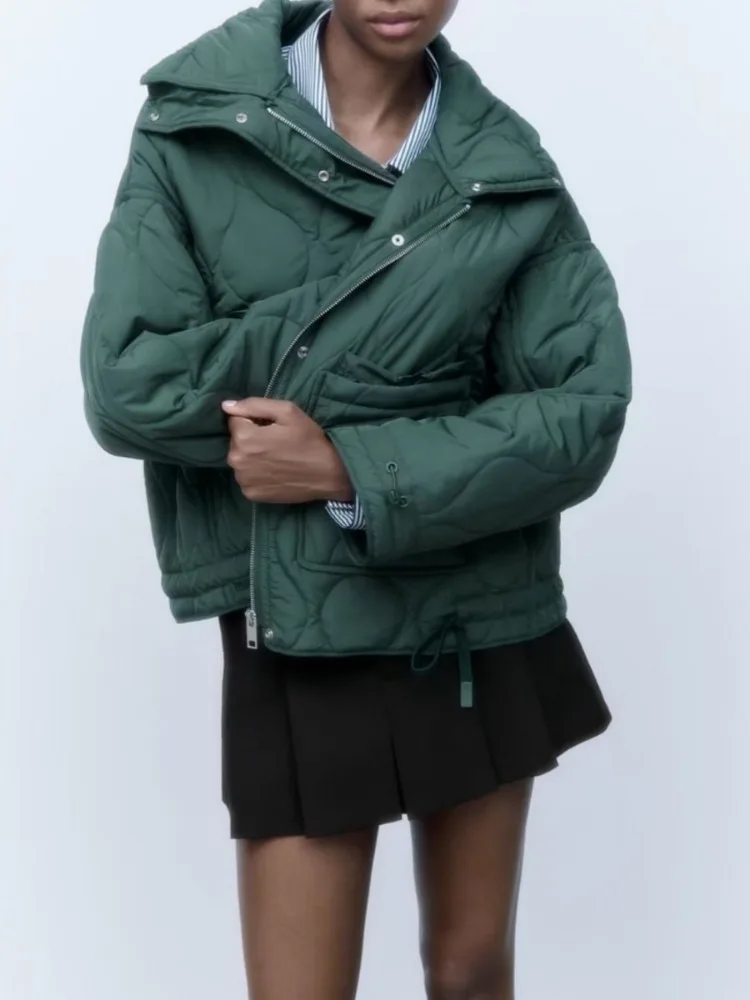 Vintage Quilted Jacket Cotton Coat Women Outerwear Y2k Autumn Winter Jacket Long Sleeve Pocket Streetwear Casual Loose Crop Tops
