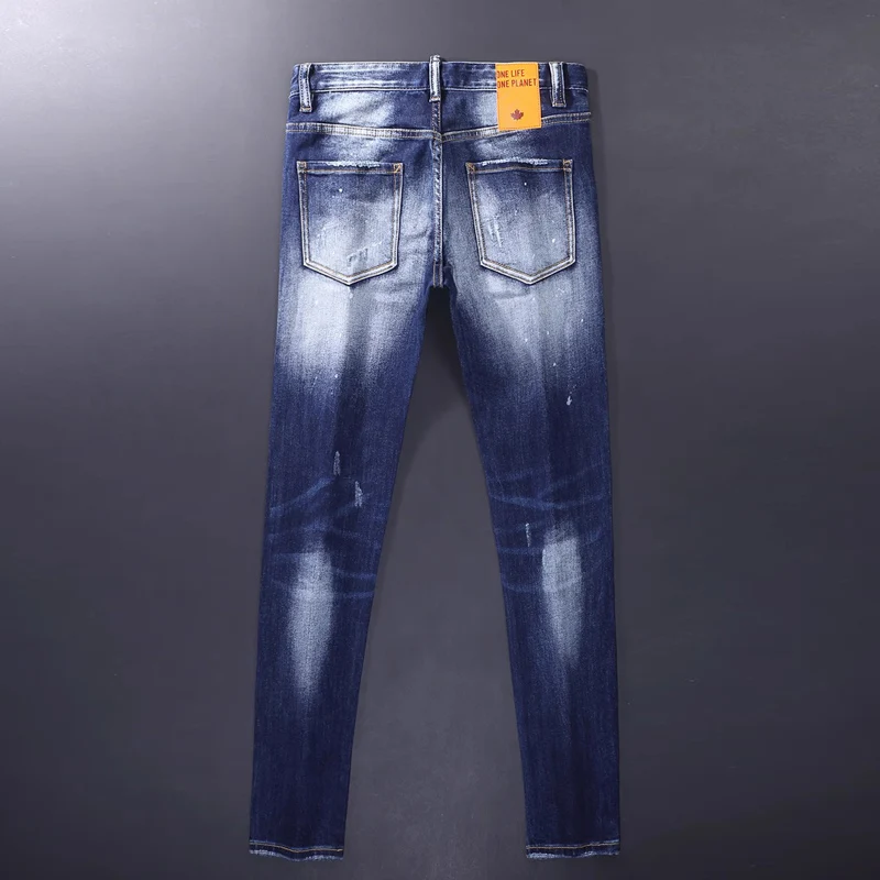 Street Fashion Jeans Retro Blue Elastic Slim Fit Colored Paint Hole Patch Jeans Men's Designer Hip Hop Brand Versatile Pants