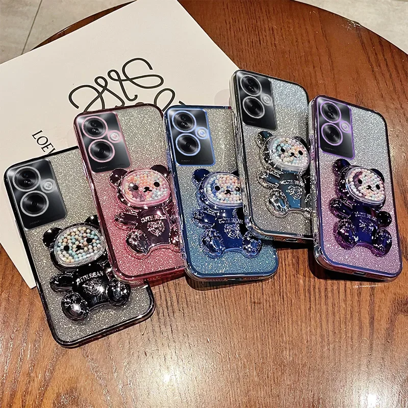 Sparkling Soft Silicone Shockproof Phone Case with Cute Bear Stand – Electroplated TPU Back Cover