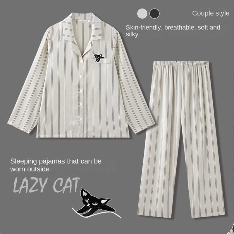 

2022 Couple Silk Pajamas Loungewear Pijamas Spring and Autumn Men's Sleepwear Pyjamas Women Luxury Clothes Stripe Design