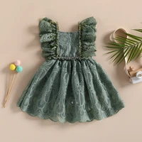 0-24months Baby Girl Summer Lace Romper Dress Ruffle Sleeve Backless Solid Green Pink Brown Bodysuit Dress For Infant Girls 2