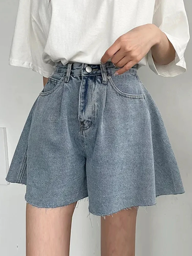 Hohe Taille, weites Bein, lockere Denim-Shorts für Frauen, 2024, Sommer, Neuheiten, koreanischer Stil, Streetwear, blaue Jeans-Shorts mit Taschen
