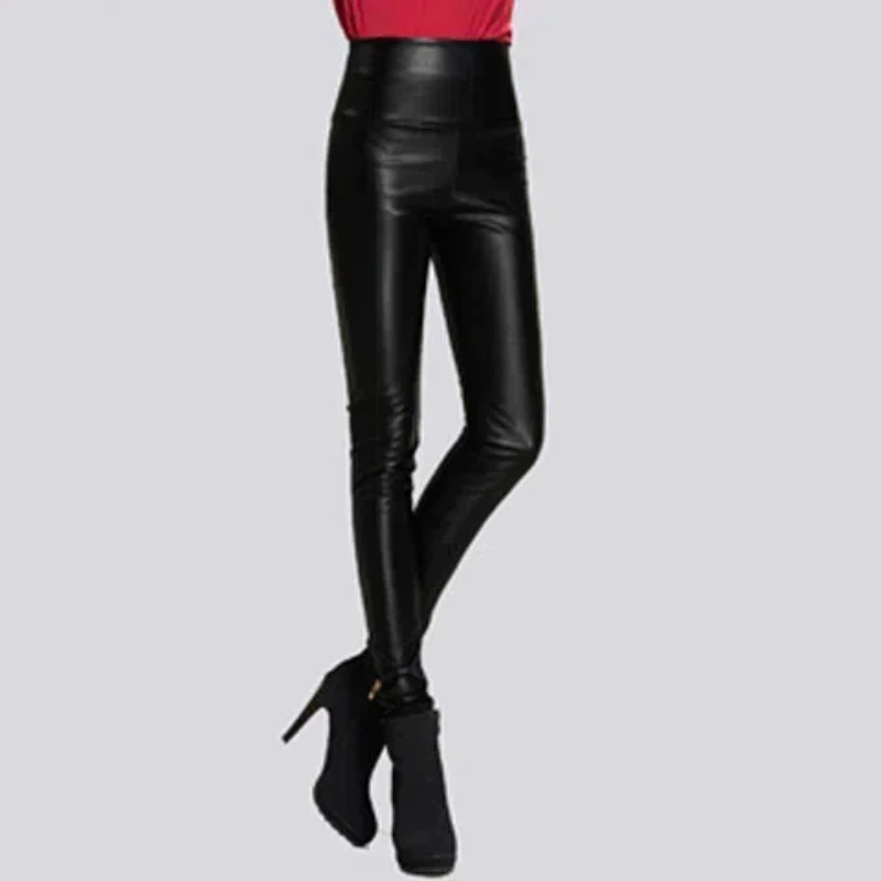 New Product Multi Color Elastic and Velvet Thick PU Leather Bottom Pants for Women Wearing High Waist Tight Leather Pants 155