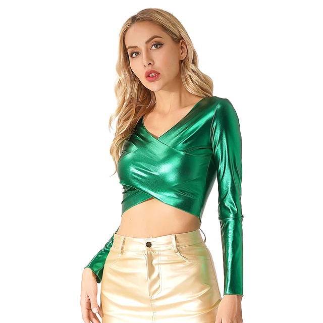 Womens Fashion Cross Wrap V Neck Crop Top Metallic Shiny Long