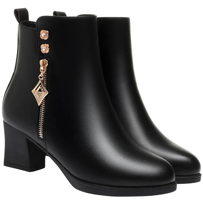 Women Boots Women Winter High Heels Zipper Shoes Genuine Leather High Heeled Ankle Boots Thick Plush Winter Women's Snow Boots