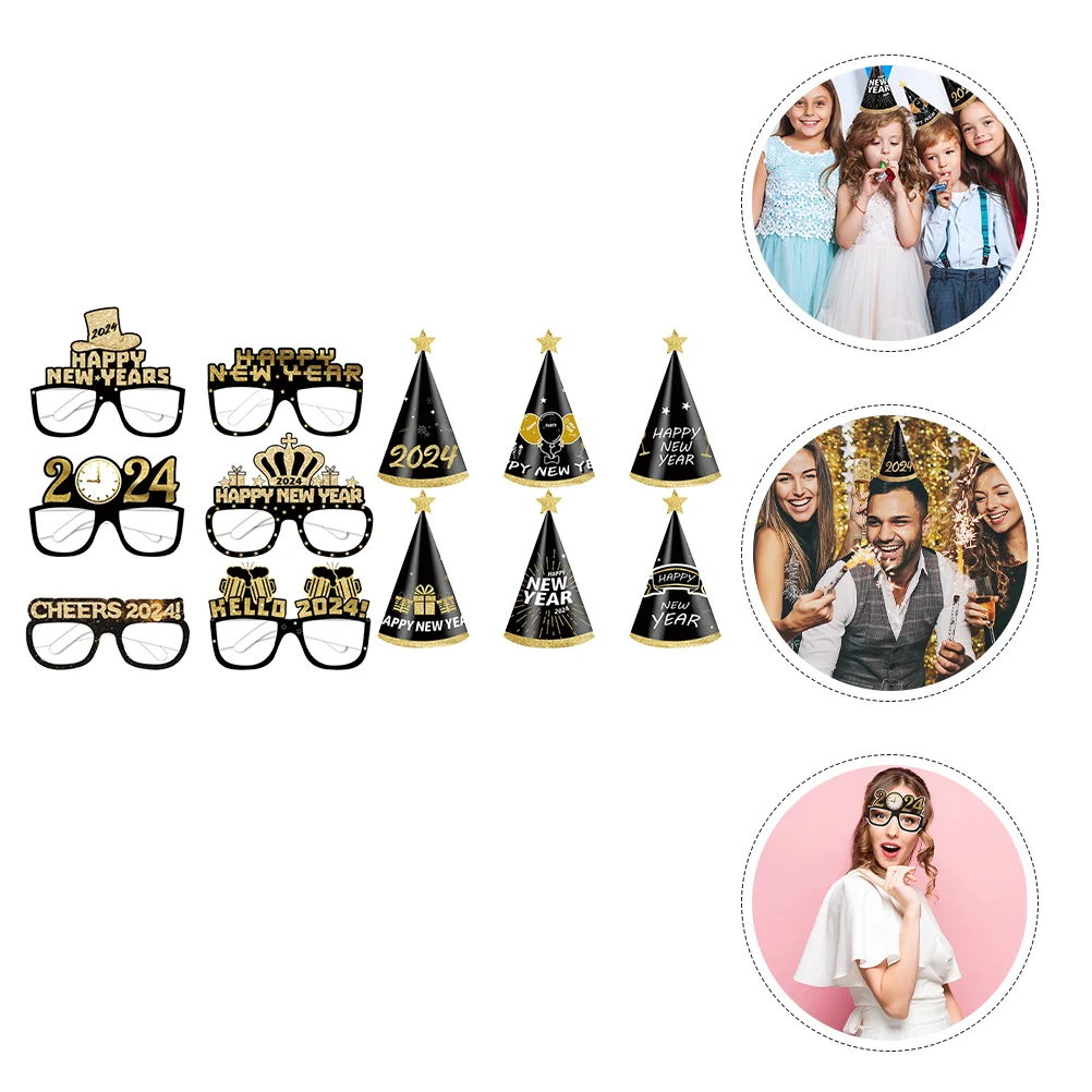 

Paper Cone Hat 2024 New Year Black Gold 3D Glasses Children's Birthday Party Photo Props Ornaments