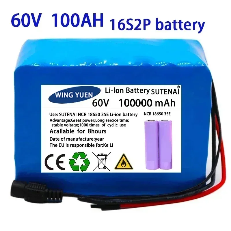 

60V 16S2P 100Ah 18650 Li-ion Battery Pack 67.2V Lithium Ion 101000mAh Ebike Electric bicycle Scooter with 30A BMS 750W 1000Watt