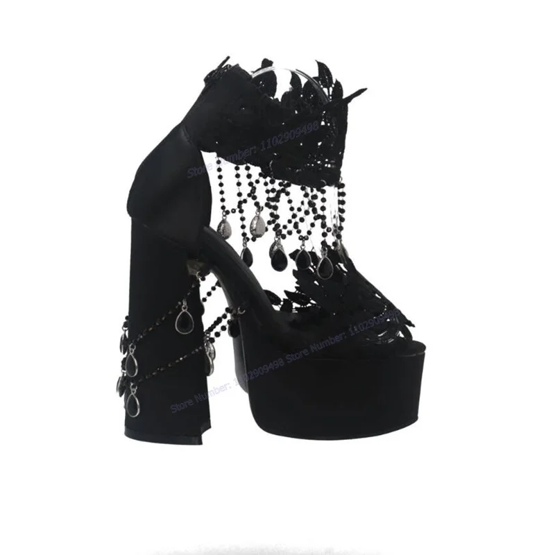 Black Crystal Decor Platform Sandals Pointed Open Toe Shoes for Women Chunky High Heels Gothic Shoes 2023 Zapatos Para Mujere