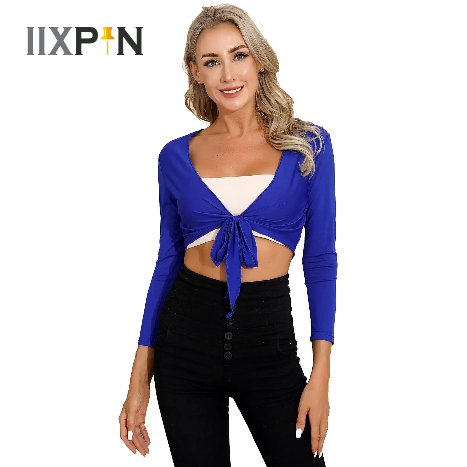 

Womens Belly Dance Costume Wrap Shawl Cover Up Tops Solid Color Self-Tie Long Sleeve Cardigan T- Shirts Crop Tops Yoga Beachwear