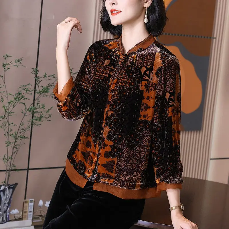 Vintage Printed Spliced Button Gauze Folds Shirts Women's Clothing 2023 Autumn Oversized All-match Tops Office Lady Blouses