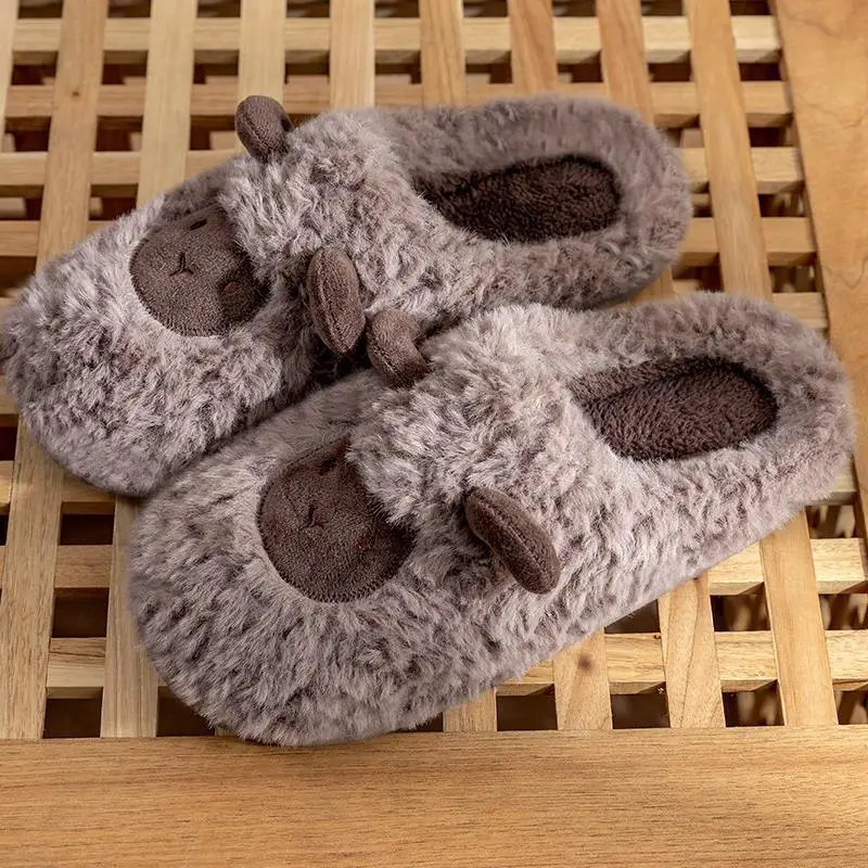 Women Winter Thick Platform Non-slip Cute Sheep Slippers Men Warm Indoor Fur Cotton Sandals Couples Ladies Outdoor Cartoon Shoes 5
