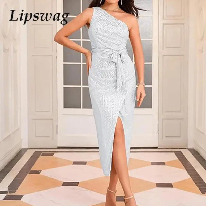 

Chic Off-Shoulder Sequin Slim-Fit Party Dress Sexy Slash Neck Pleated Lace-Up French Dress Women's Fashion Split Party Dresses