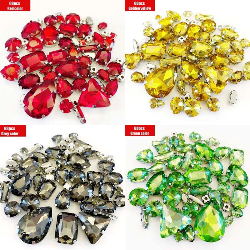 Mix Crystal Sliver Claw Setting Rhinestones 68Pcs Sewing Clothe For Needlework Stone DIY Sew On Wedding Dress Shoes Bags
