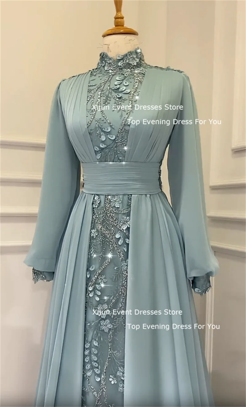 Women Prom Dresses Xijun Modest Green Muslim Evening Dresses Full Sleeves High Collar Prom Dresses Moroccan Kaftan Prom Gowns Dubai Party Gown