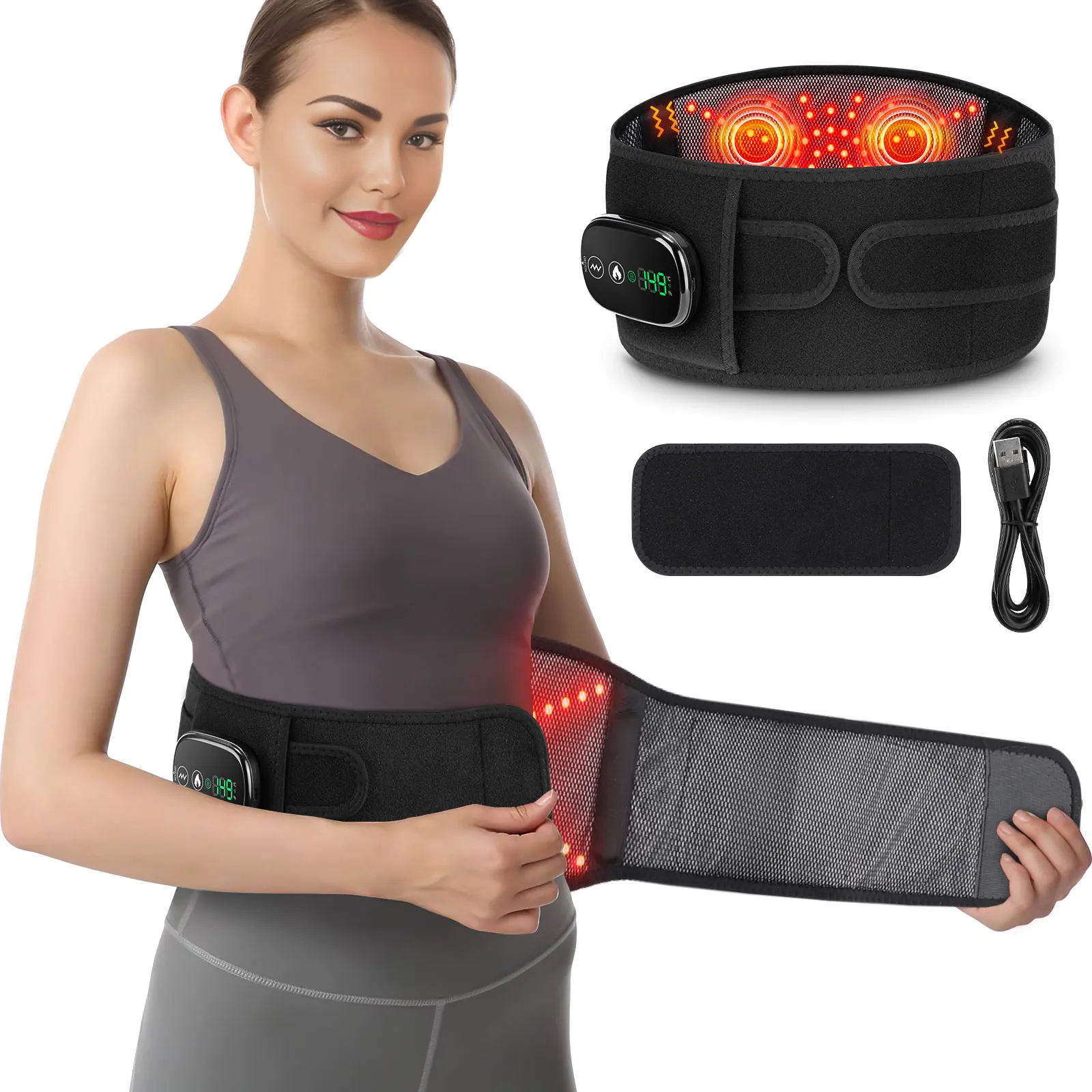 Cordless Heating Vibration Waist Massage Belt Red Light Hot Compress Lumbar Support Back Massager Adjustable Support Brace