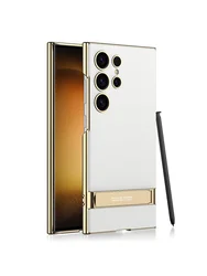Luxury Stand Plain Leather Case with Electroplated Quality and Camera Protection - Galaxy S23 Ultra (WHITE)
