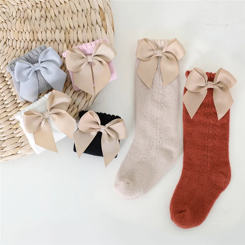 Chaussettes d'été pour enfants, chaussettes hautes pour bébés filles et garçons avec nœud, chaussettes longues en maille de coton douce respirante pour enfants de 0 à 7 ans