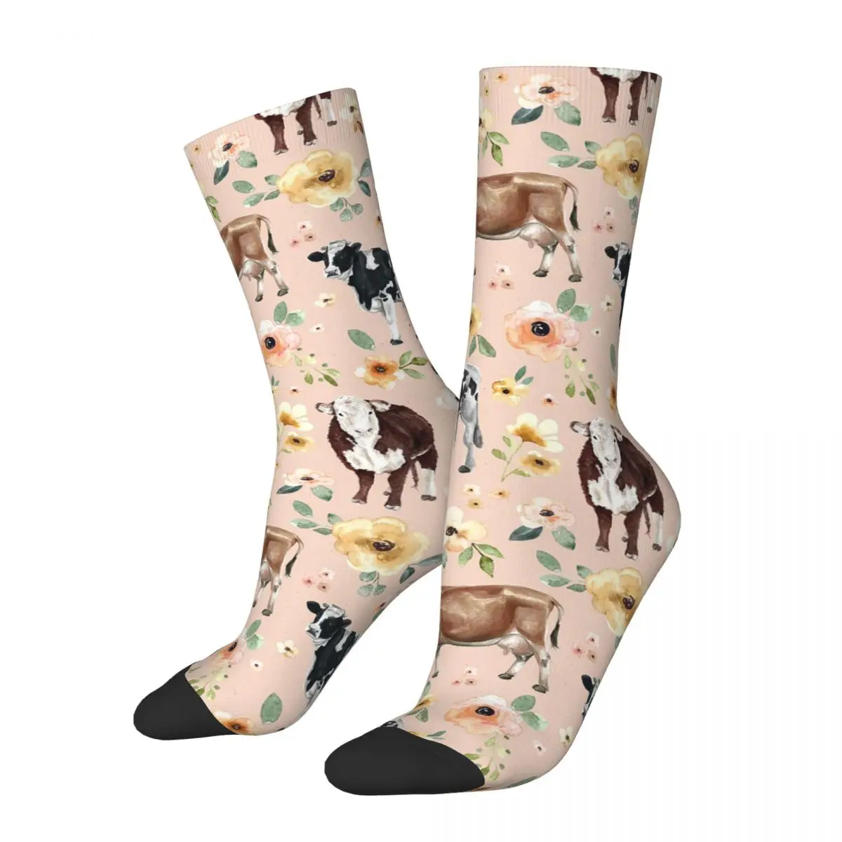 

Cow Floral On Blush Pink, Yellow Flowers Socks Harajuku High Quality Stockings All Season Long Socks Accessories for Man Woman