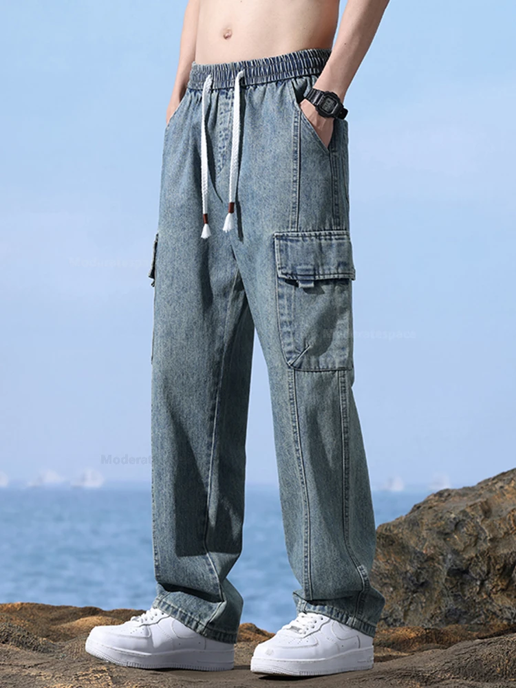 Stretch Straight Men's Wide Jeans Casual Sweatpants Male Clothes Pocket Drawstring Cargo Pants Fashion Korean Jogging Trousers 4