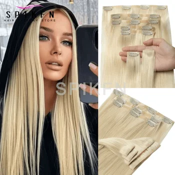 SPIKFN Natural Blonde Clip In Human Hair Extensions 7pcs/set Straight Clip Hair Full Head Hairpieces 12-24 inches For Salon