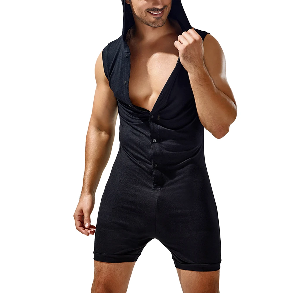 New Men's Bodysuit Butt Fit Leotard Jumpsuits Hooded Underwear Hoodies Sexy Sleeveless T-Shirt Pajamas Romper Homewear