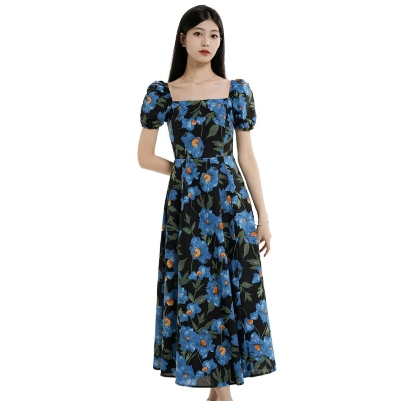 

Spring Cotton Blue Vintage Printed High Waist Long Dress Elegant Square Collar Ankle-Length For Female Prairie Chic Vestidos