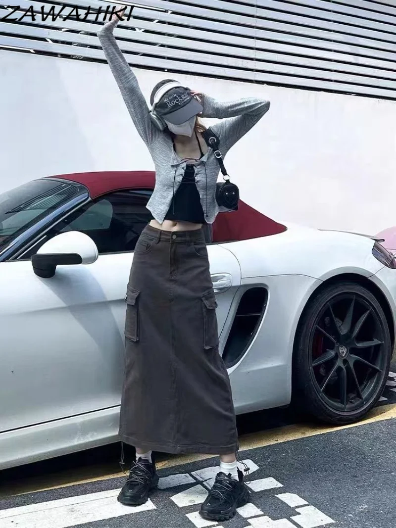 

Y2k 90s Retro Grey Midi Skirts Patchwork Pleated Dress High Waist Long Skirts Grunge Women Korean Streetwear Hip Hop Dress