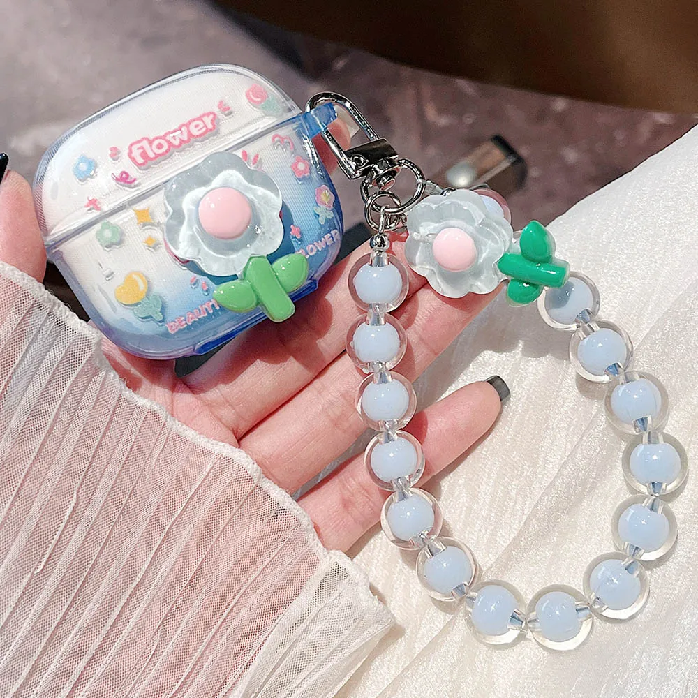 Korean Floral Soft TPU Clear Protective Earphone Case with Beaded Bracelet Pendant