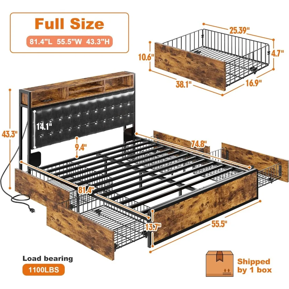 EnHomee Full Bed Frame with 4 Storage Drawers and Headboard Upholstered Bed Frame Full Size with Charging Station, No Noise, Met