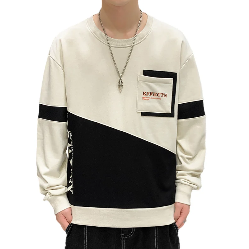 Thick Cotton Liner Hoodies Autumn Long Sleeve Men's Casual Round Neck Bottom Patchwork Contrast Color Letter Pullover Loose Tops