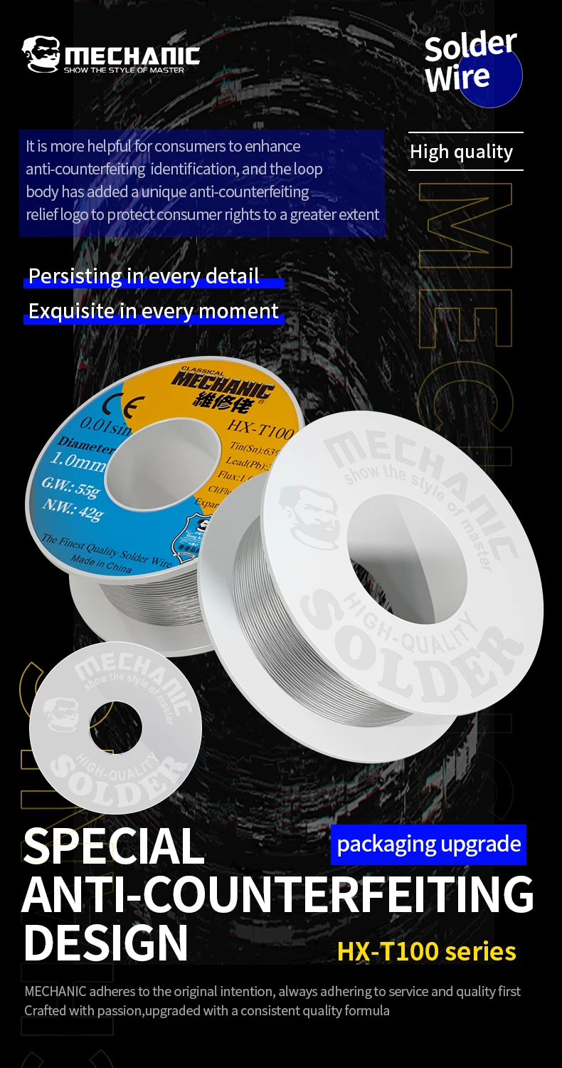 MECHANIC HX-T100 55g Mild Rosin Core 183℃ Melting Point 0.2mm-1.2mm High Purity Solder Wire Welding Flux 1-3% Iron Cable Reel