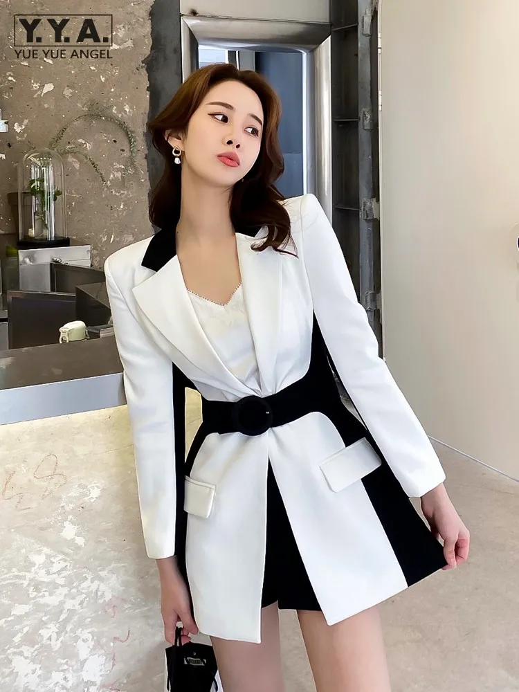 

Office Ladies Spring Mid Long White Black Panelled Blazer Jacket Belted Slim Waist Lapel Collar Women Casual Suit Elegant Jacket