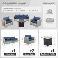 4 Piece Patio Furniture Set with Fire Pit Table Grey Wicker Outdoor Couch Balcony Sofa Patio Conversation Sets PE Rattan Chair, 4