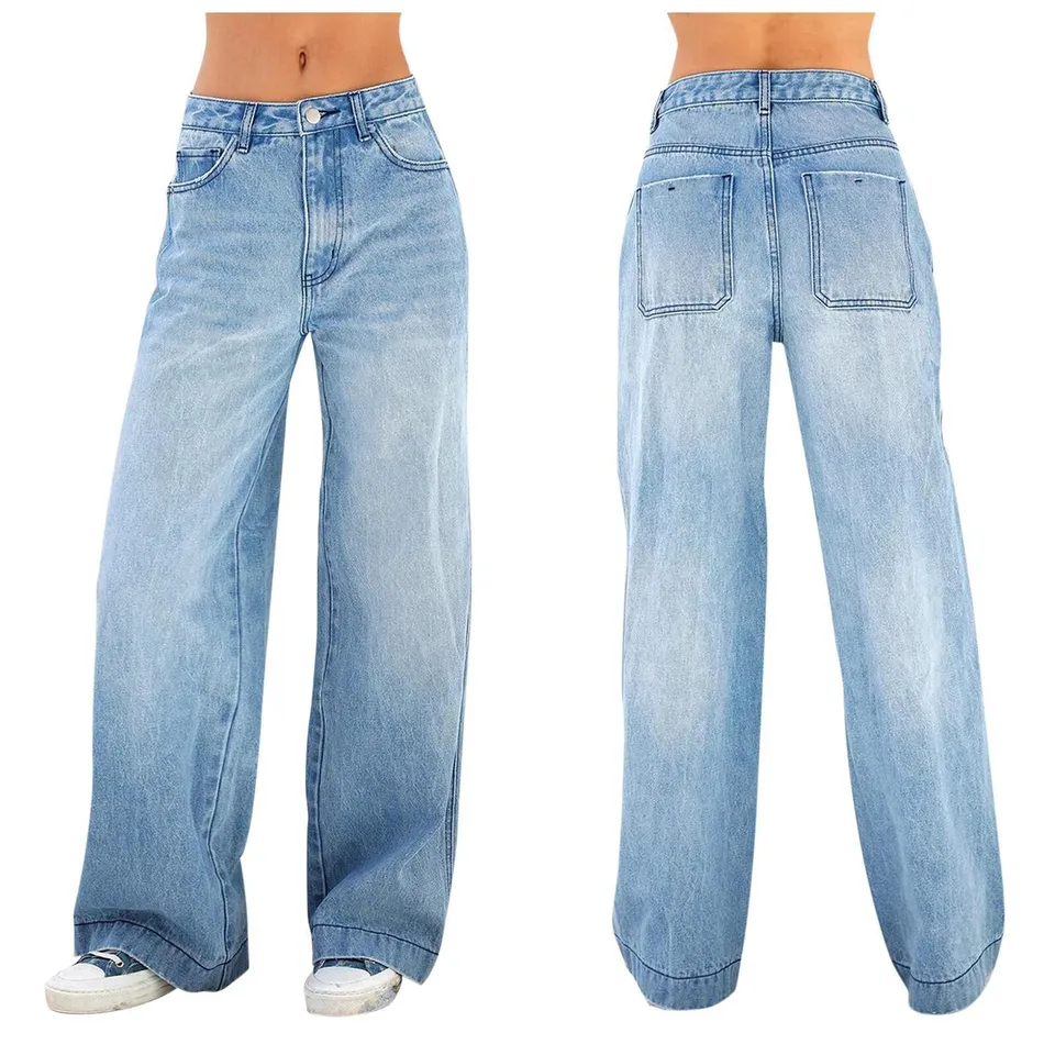 Jeans Donna Vita Alta Autunno Invernali Gamba Dritta Jeans Donna Elasticizzati Larghi Curvy Pantaloni in Denim Tinta Unita con Tasche per Vacanze, Ufficio, Casa O Sport