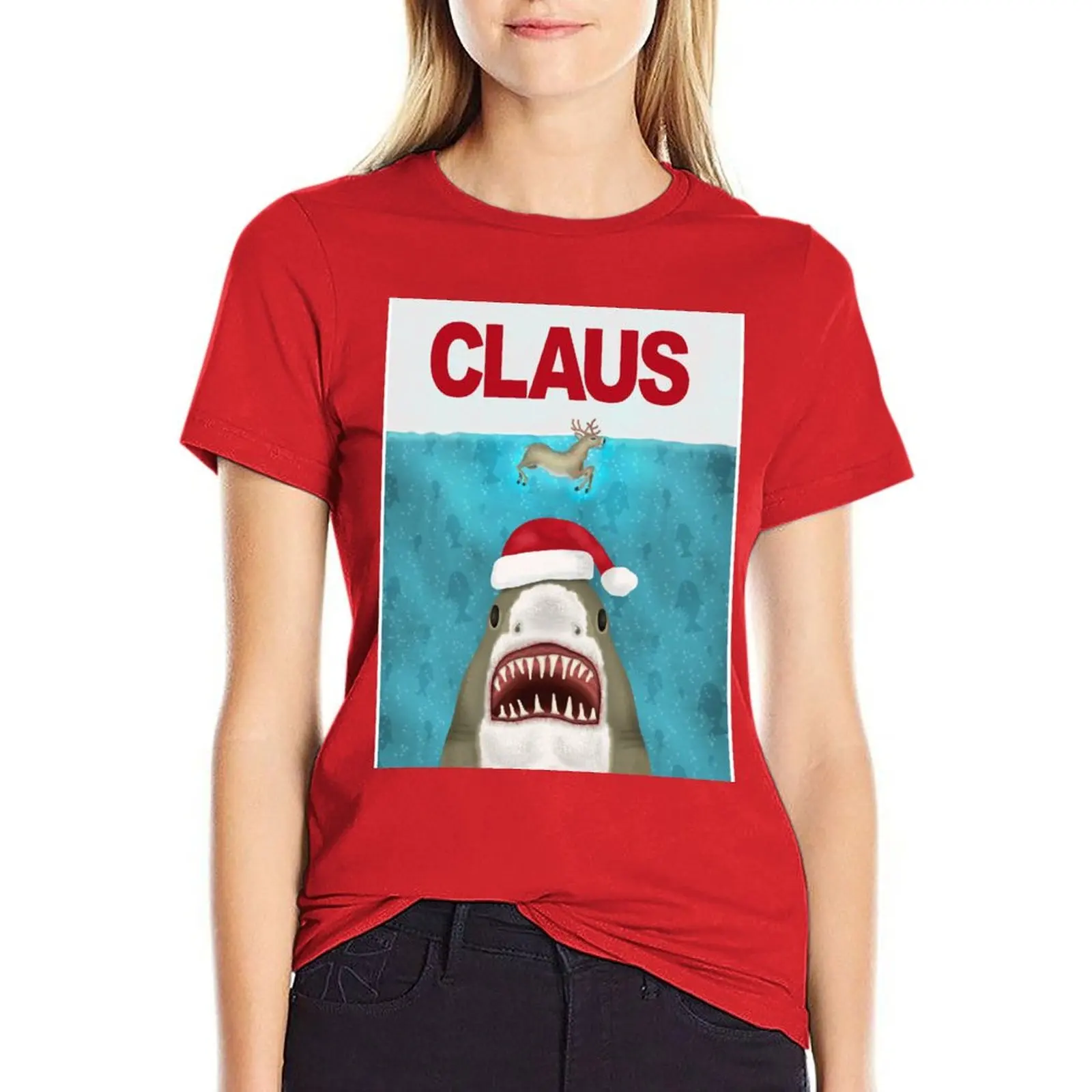 

Funny Christmas Santa Claus Shark Reindeer Humor T-Shirt t-shirts for Women graphic tees T-shirts for Women Womens clothing